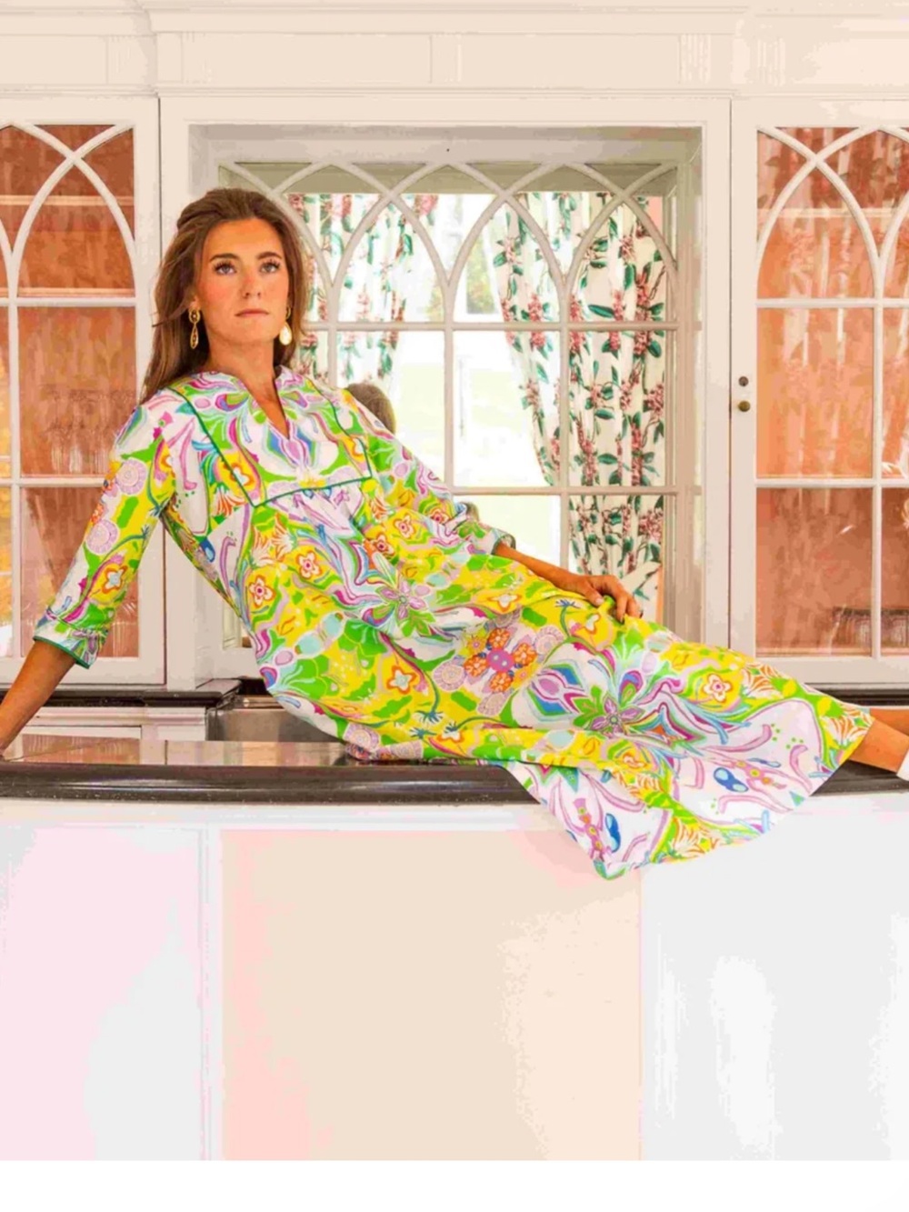 House of MBR Vibrant yellow accented Floral Caftan Dress - Women's 3/4 Sleeve